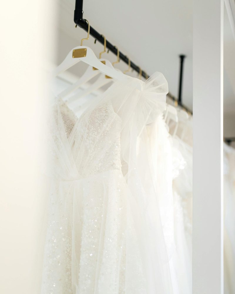 An embroidered gown hanging in a bright window